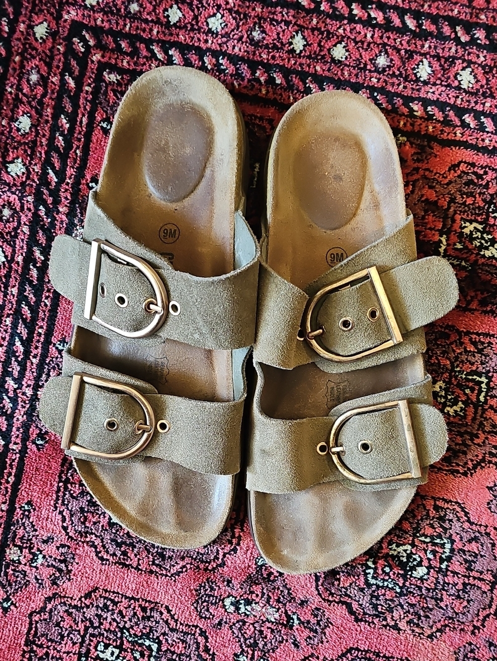 Suede Double-Buckle Slide Sandals in Olive
